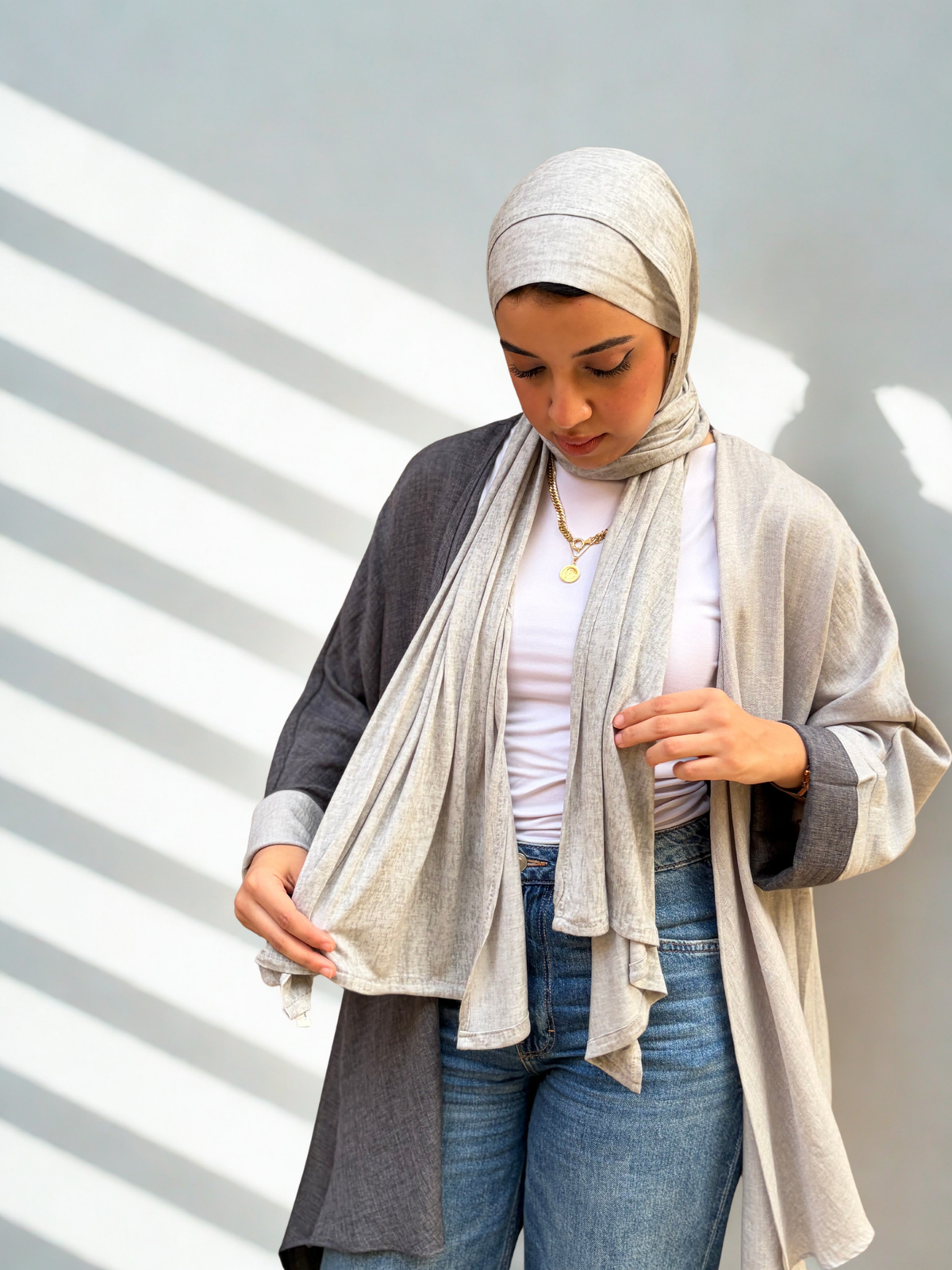Cotton Lycra scarf & matching bandana in grey color. Soft & practical.