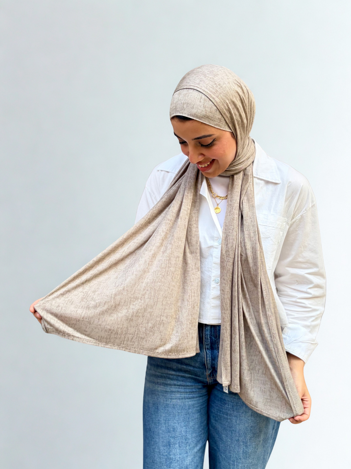 Cotton Lycra scarf & matching bandana in light olive color. Practical light weight scarf.