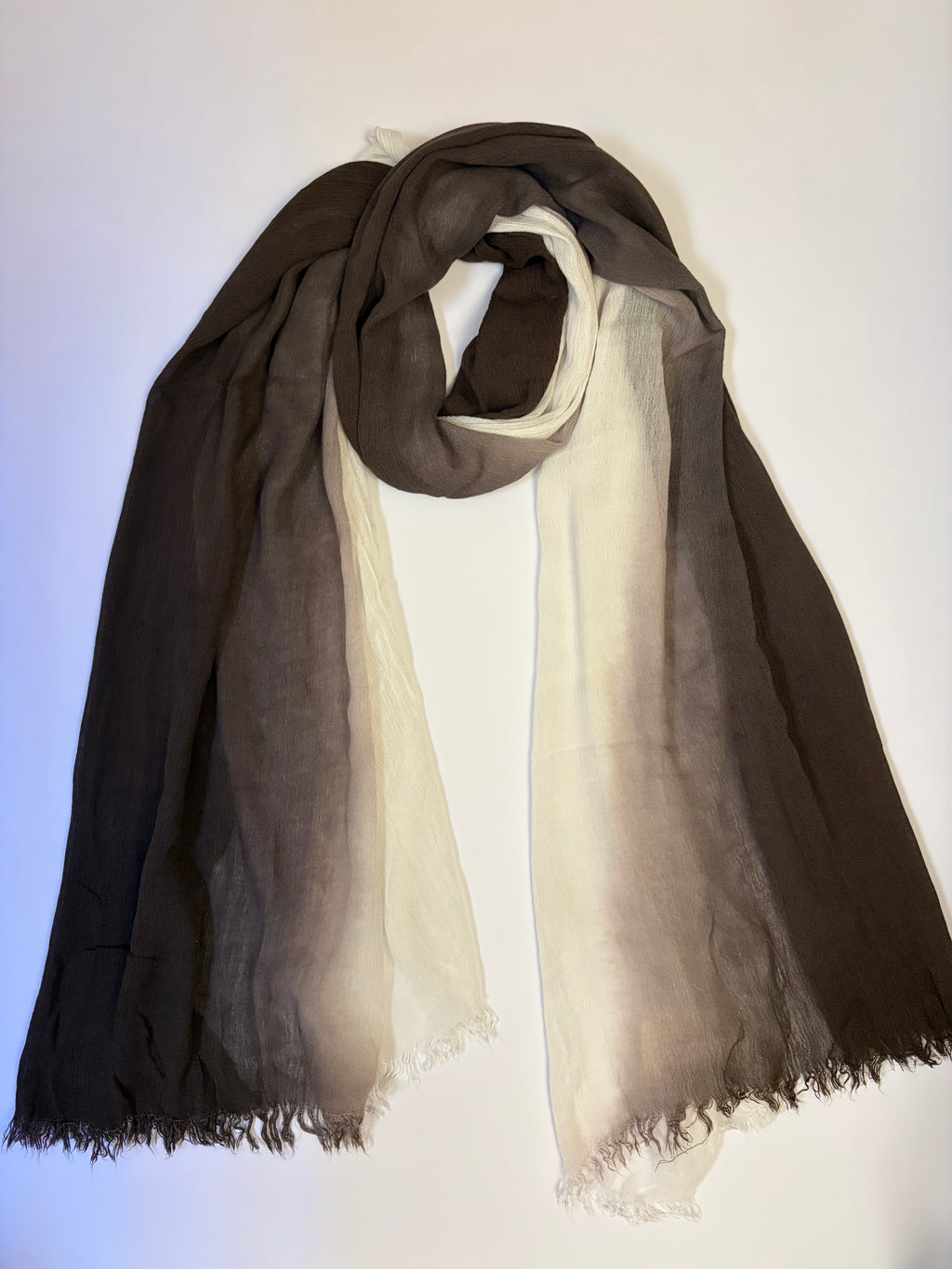 Ombré ruffled cotton scarf in brown by Altayeb. Original Kuwaiti hijab. ملافع الطيب. حجاب كويتي أصلي.